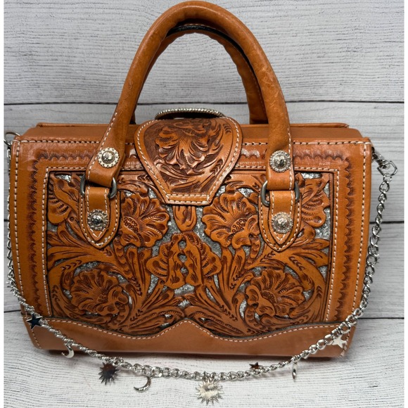 Montana Silversmiths Tooled Leather Satchel Western Buckle Bag Brown Handbag - Picture 2 of 11